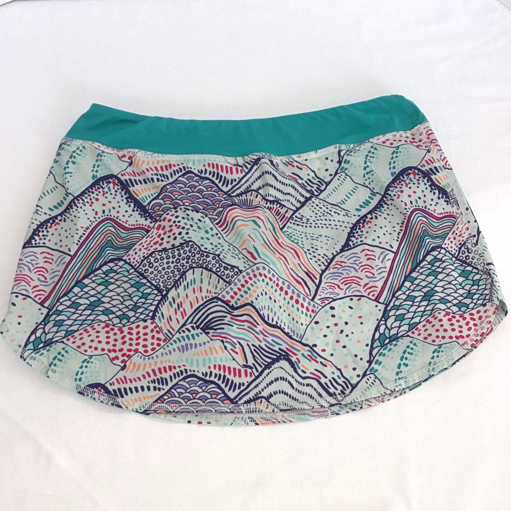 Rabbit Running Skort Women SM‎ Teal Mountain Print Athletic Skirt Zipper Pocket